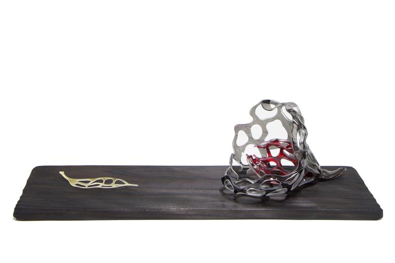 Kareha, 2014. Blown and carved glass, timber. By Yusuke Takemura.