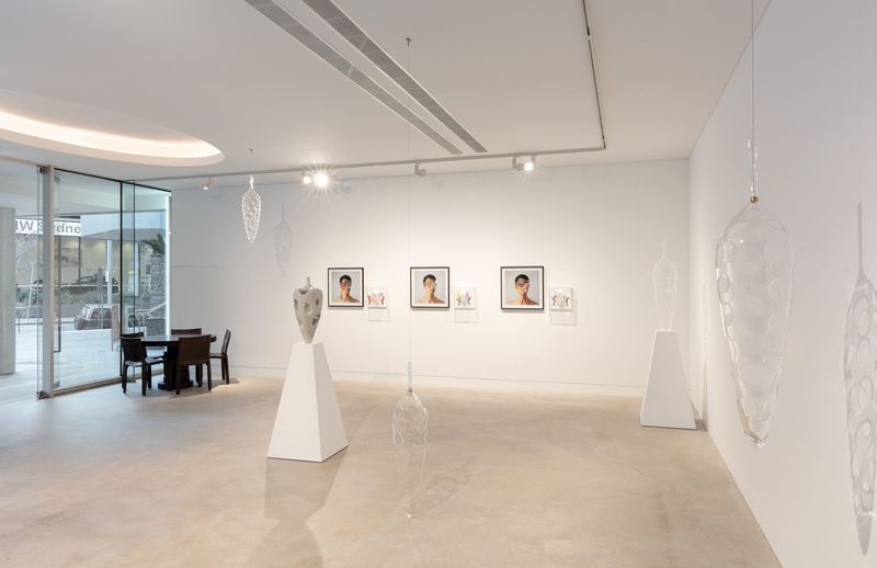 Installation view, Connectivity: New Explorations, Gallery Sally Dan-Cuthbert, 2023: View towards entrance: mask prints, Dimensions of the Mind, suspended vessels.