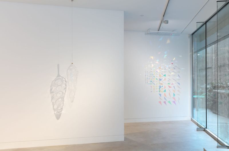 Installation view, Connectivity: New Explorations, Gallery Sally Dan-Cuthbert, 2023: Suspended vessels; Fragments of Memories at back.