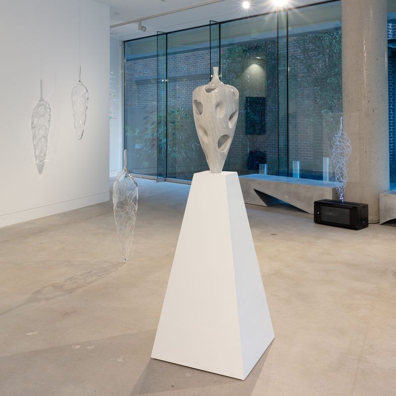 Installation view, Connectivity: New Explorations, Gallery Sally Dan-Cuthbert, 2023: Dimensions of the Mind (foreground), suspended vessels.