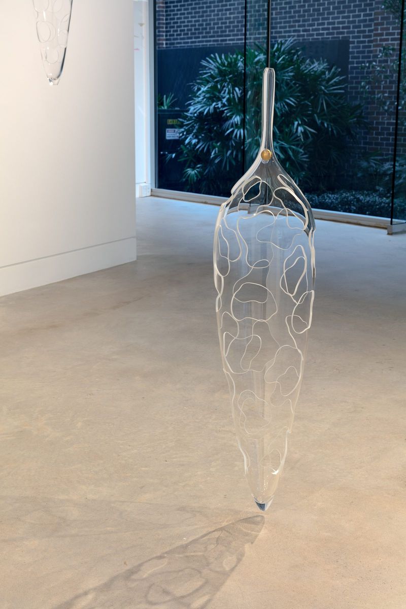 Installation view, Connectivity: New Explorations, Gallery Sally Dan-Cuthbert, 2023: Standing vessel by the window (approx.: Man standing still).