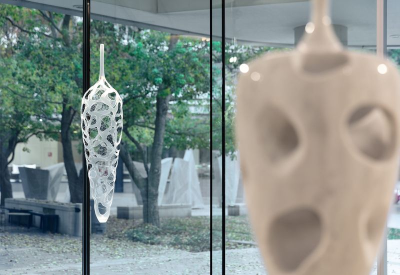 Installation view, Connectivity: New Explorations, Gallery Sally Dan-Cuthbert, 2023: Suspended vessel by the window; Dimensions of the Mind blurred in foreground.
